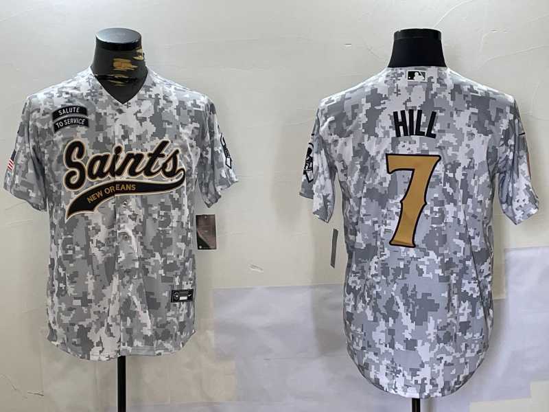 Mens New Orleans Saints #7 Taysom Hill Arctic Camo 2024 Salute to Service Stitched Baseball Jersey